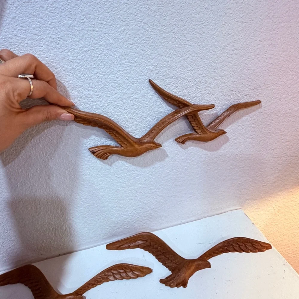 Vintage Faux Wood Flying Birds Wall Decor Set Mid Century Style Resin